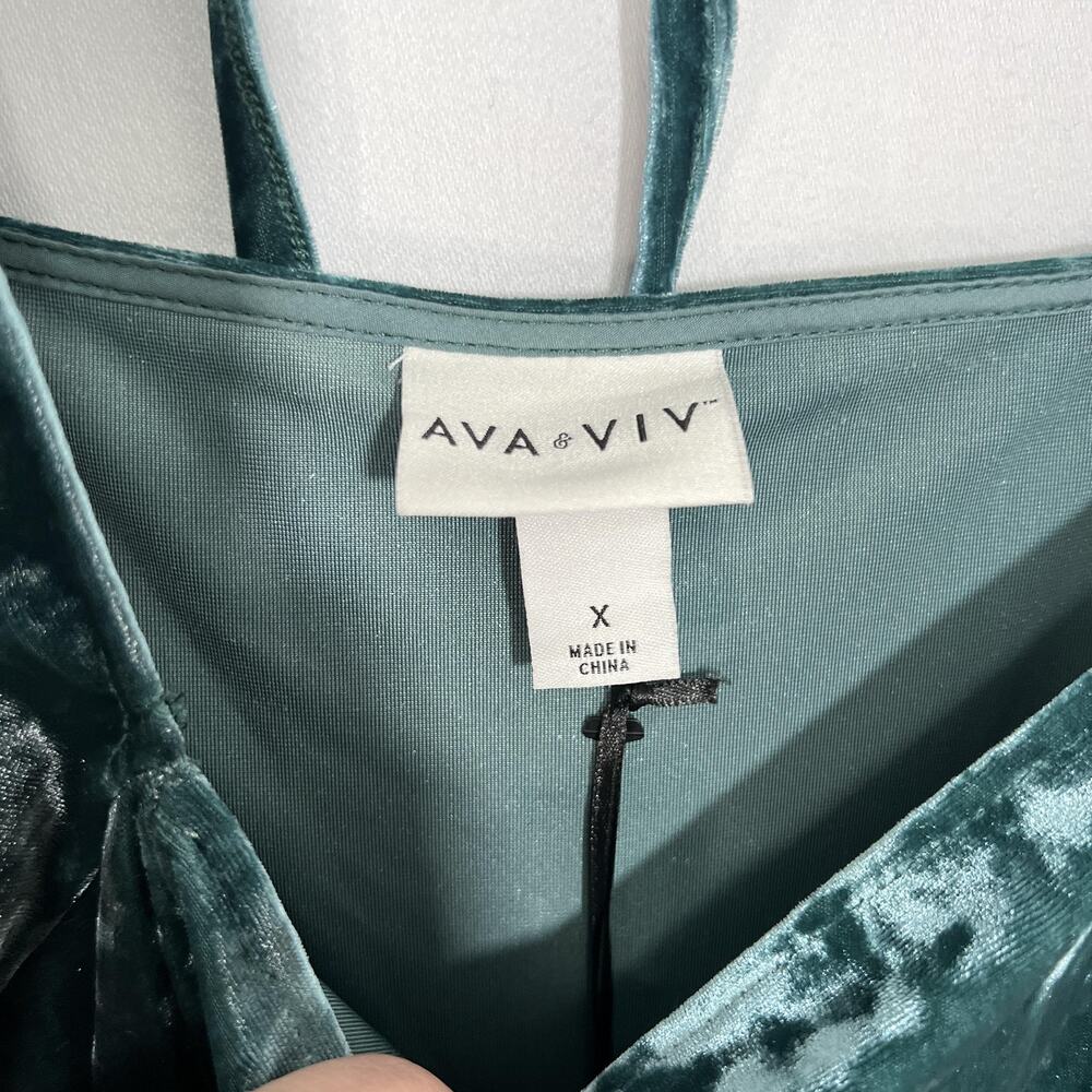 Ava & Viv Dress Womens 1X Green Crushed‎ Velvet Square Neck Balloon Sleeve Midi - Picture 2 of 13